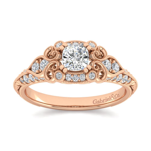 Unique 14K Rose Gold Vintage Inspired Cushion Halo Diamond Engagement Ring