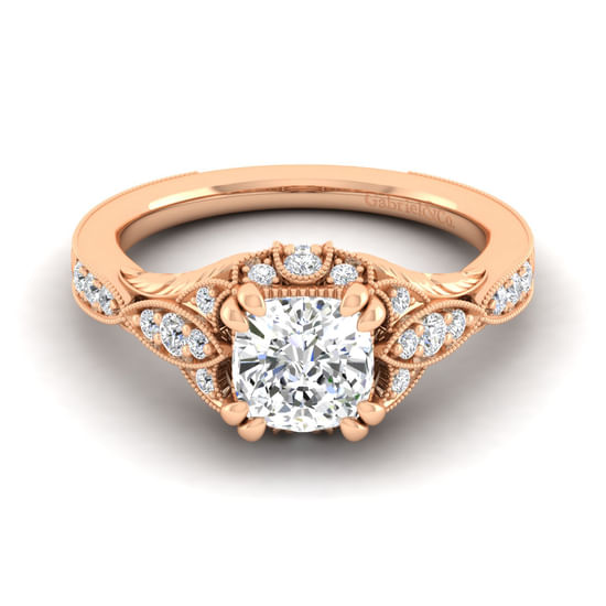 Gabriel - Unique 14K Rose Gold Vintage Inspired Cushion Halo Diamond Engagement Ring
