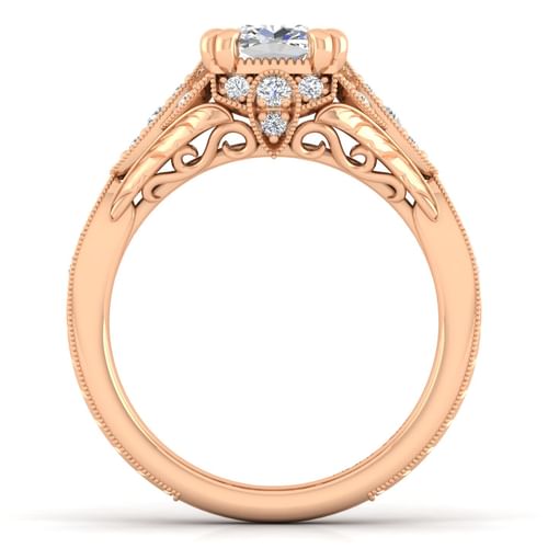 Unique 14K Rose Gold Vintage Inspired Cushion Halo Diamond Engagement Ring