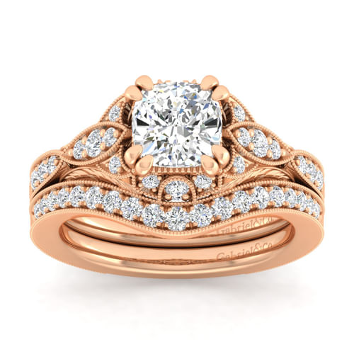 Unique 14K Rose Gold Vintage Inspired Cushion Halo Diamond Engagement Ring