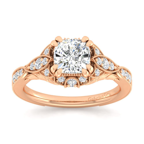 Unique 14K Rose Gold Vintage Inspired Cushion Halo Diamond Engagement Ring