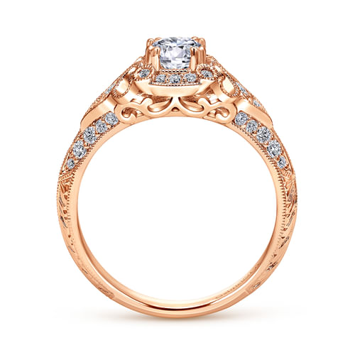 Unique 14K Rose Gold Vintage Inspired Diamond Halo Engagement Ring