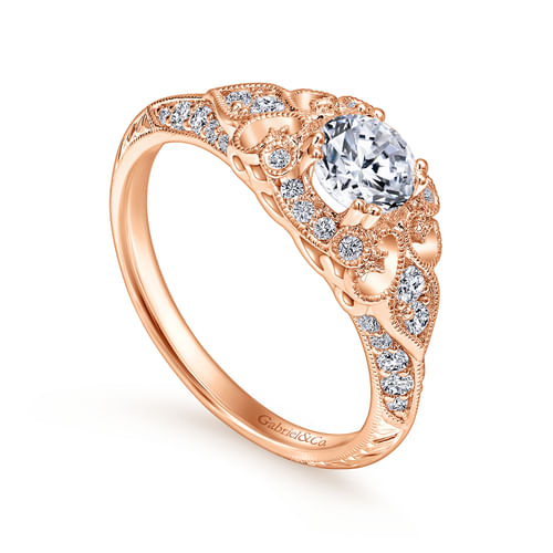 Unique 14K Rose Gold Vintage Inspired Diamond Halo Engagement Ring
