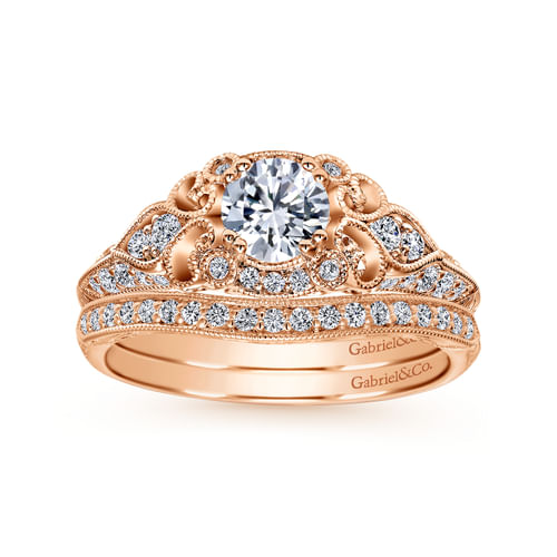 Unique 14K Rose Gold Vintage Inspired Diamond Halo Engagement Ring