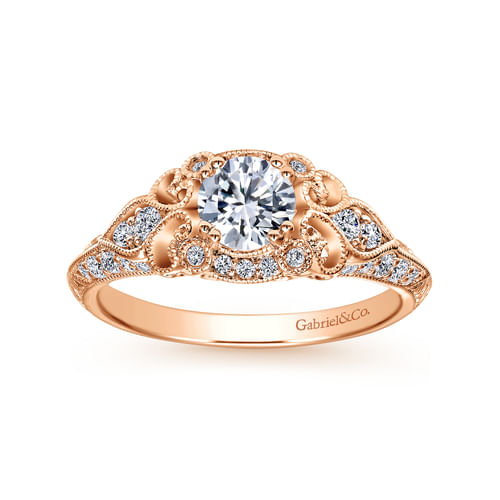 Unique 14K Rose Gold Vintage Inspired Diamond Halo Engagement Ring