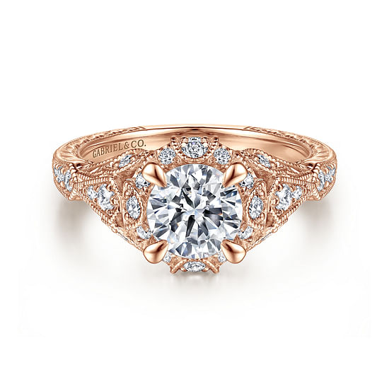 Gabriel - Unique 14K Rose Gold Vintage Inspired Diamond Halo Engagement Ring