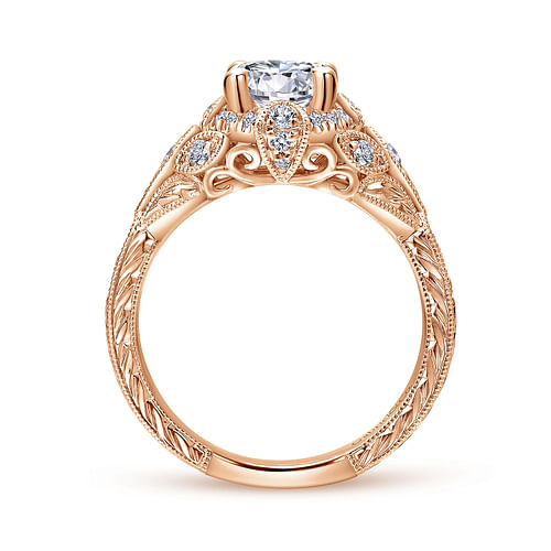 Unique 14K Rose Gold Vintage Inspired Diamond Halo Engagement Ring