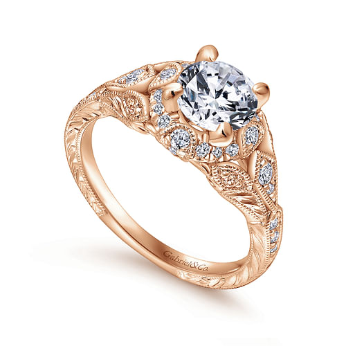 Unique 14K Rose Gold Vintage Inspired Diamond Halo Engagement Ring