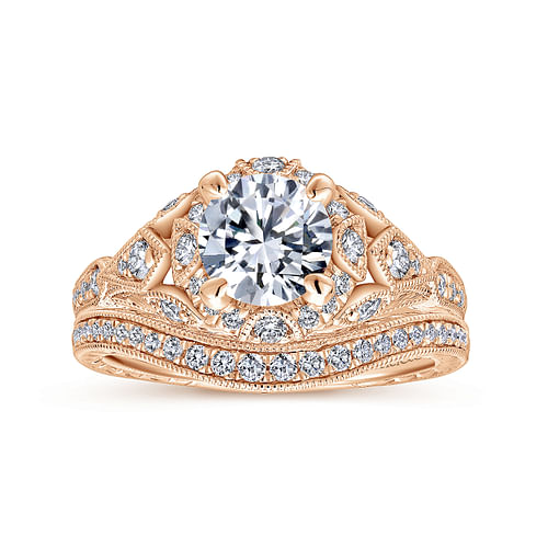 Unique 14K Rose Gold Vintage Inspired Diamond Halo Engagement Ring