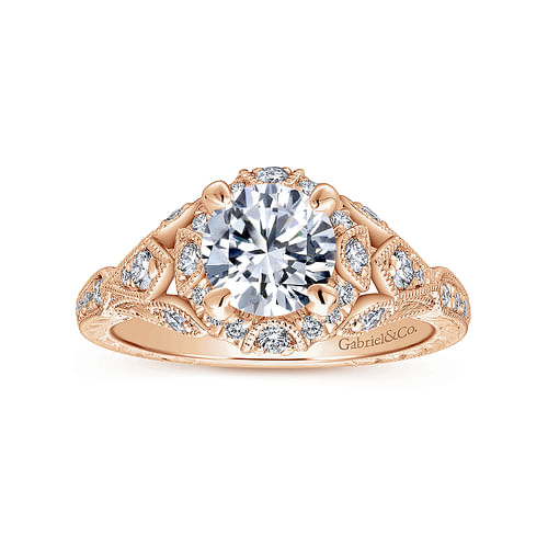 Unique 14K Rose Gold Vintage Inspired Diamond Halo Engagement Ring