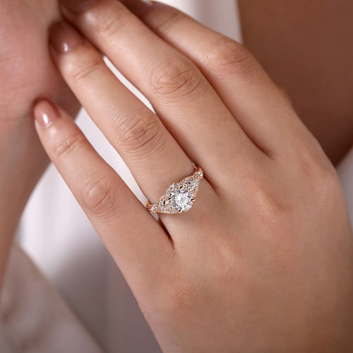 Unique 14K Rose Gold Vintage Inspired Diamond Halo Engagement Ring