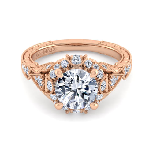 Unique 14K Rose Gold Vintage Inspired Diamond Halo Engagement Ring