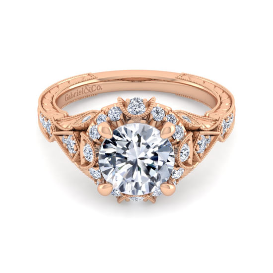 Gabriel - Unique 14K Rose Gold Vintage Inspired Diamond Halo Engagement Ring