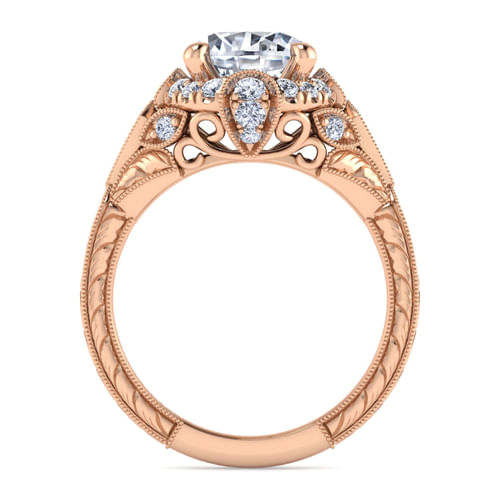 Unique 14K Rose Gold Vintage Inspired Diamond Halo Engagement Ring