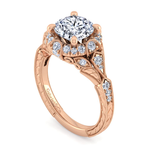 Unique 14K Rose Gold Vintage Inspired Diamond Halo Engagement Ring