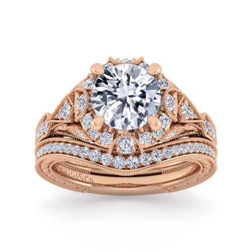 Unique 14K Rose Gold Vintage Inspired Diamond Halo Engagement Ring
