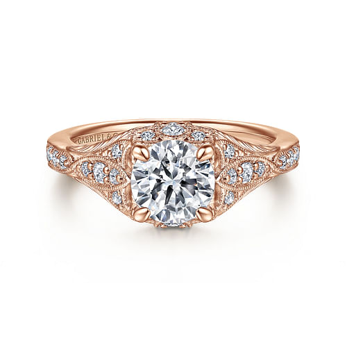 Unique 14K Rose Gold Vintage Inspired Diamond Halo Engagement Ring
