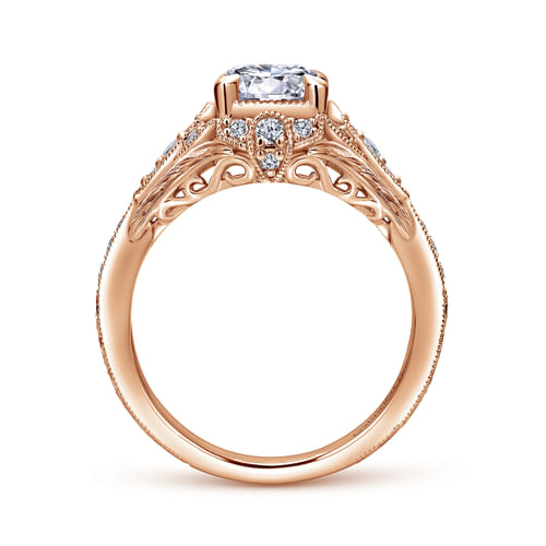 Unique 14K Rose Gold Vintage Inspired Diamond Halo Engagement Ring