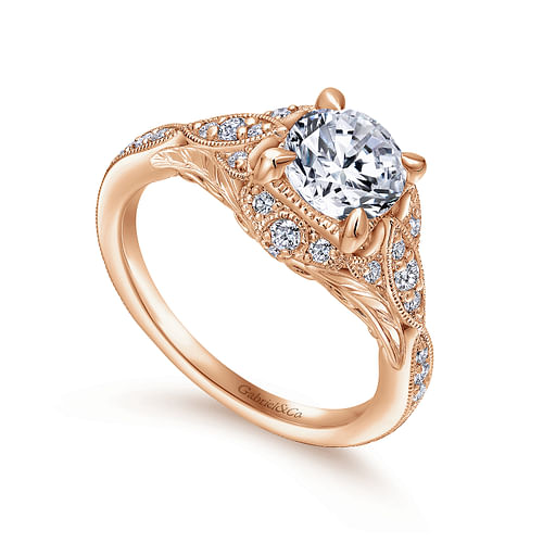 Unique 14K Rose Gold Vintage Inspired Diamond Halo Engagement Ring