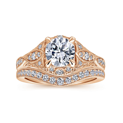 Unique 14K Rose Gold Vintage Inspired Diamond Halo Engagement Ring