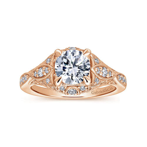Unique 14K Rose Gold Vintage Inspired Diamond Halo Engagement Ring