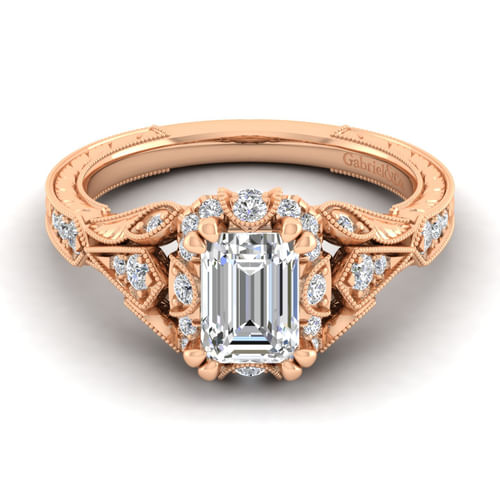 Unique 14K Rose Gold Vintage Inspired Emerald Cut Diamond Halo Engagement Ring