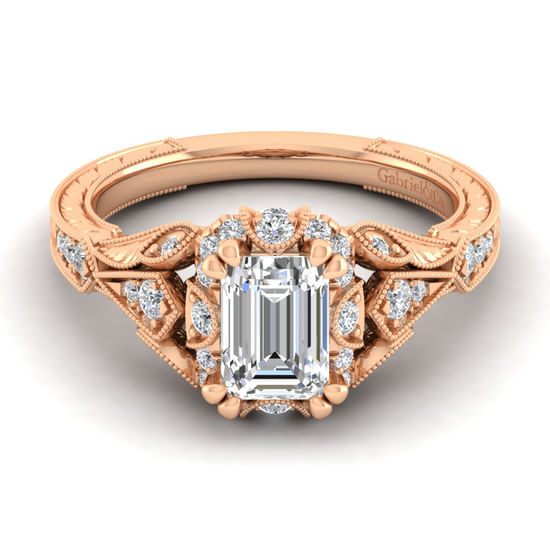 Gabriel - Unique 14K Rose Gold Vintage Inspired Emerald Cut Diamond Halo Engagement Ring