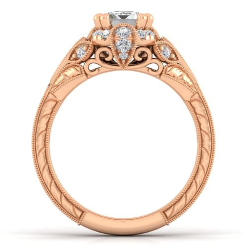 Unique 14K Rose Gold Vintage Inspired Emerald Cut Diamond Halo Engagement Ring