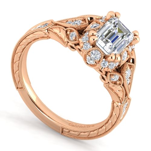 Unique 14K Rose Gold Vintage Inspired Emerald Cut Diamond Halo Engagement Ring