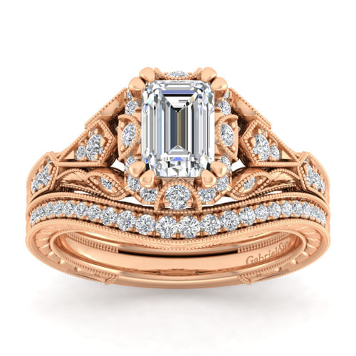 Unique 14K Rose Gold Vintage Inspired Emerald Cut Diamond Halo Engagement Ring