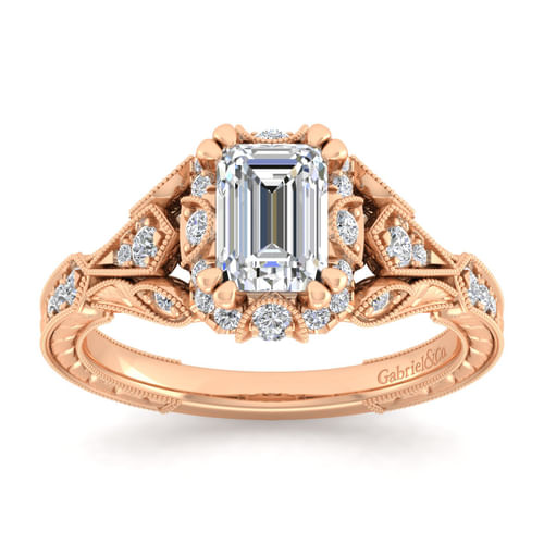 Unique 14K Rose Gold Vintage Inspired Emerald Cut Diamond Halo Engagement Ring