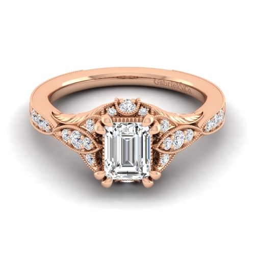 Unique 14K Rose Gold Vintage Inspired Emerald Cut Diamond Halo Engagement Ring