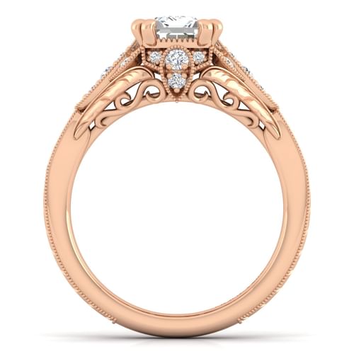 Unique 14K Rose Gold Vintage Inspired Emerald Cut Diamond Halo Engagement Ring