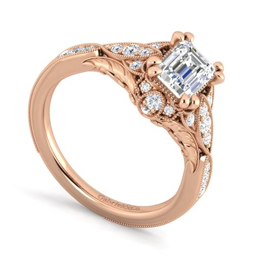 Unique 14K Rose Gold Vintage Inspired Emerald Cut Diamond Halo Engagement Ring