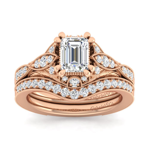 Unique 14K Rose Gold Vintage Inspired Emerald Cut Diamond Halo Engagement Ring