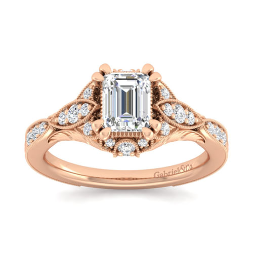 Unique 14K Rose Gold Vintage Inspired Emerald Cut Diamond Halo Engagement Ring