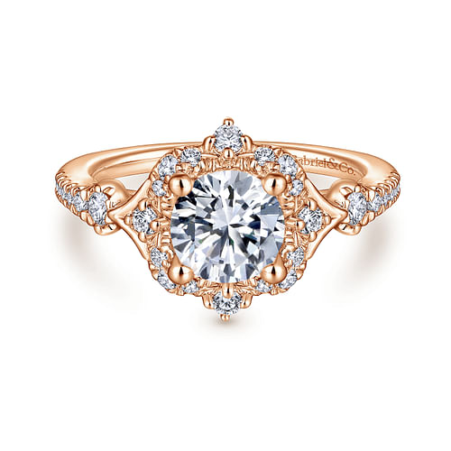 Unique 14K Rose Gold Vintage Inspired Halo Diamond Engagement Ring