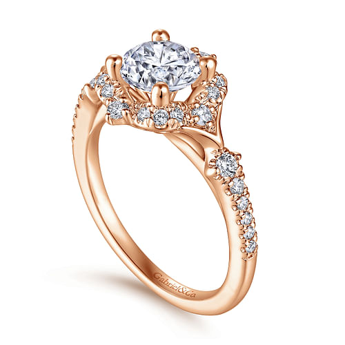 Unique 14K Rose Gold Vintage Inspired Halo Diamond Engagement Ring