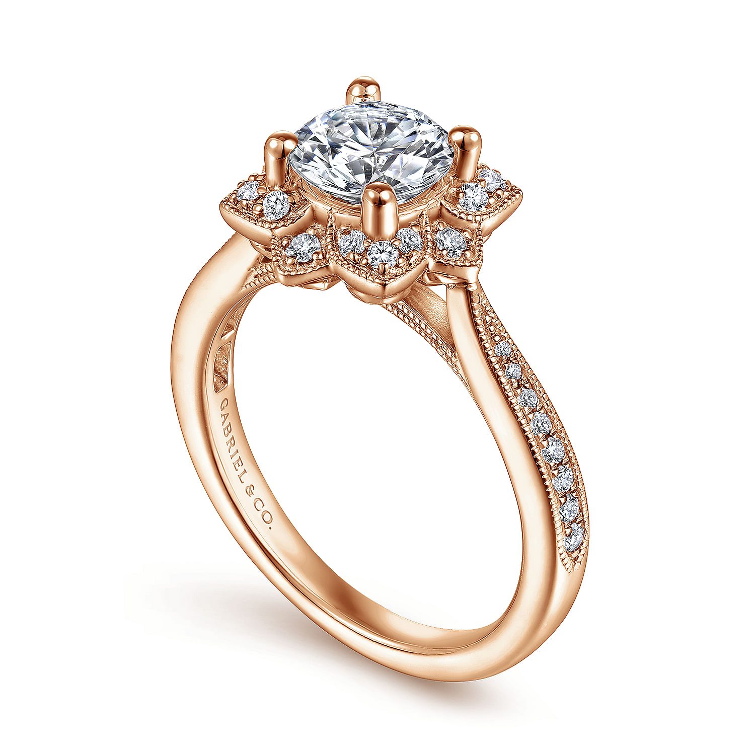 Unique 14K Rose Gold Vintage Inspired Halo Diamond Engagement Ring