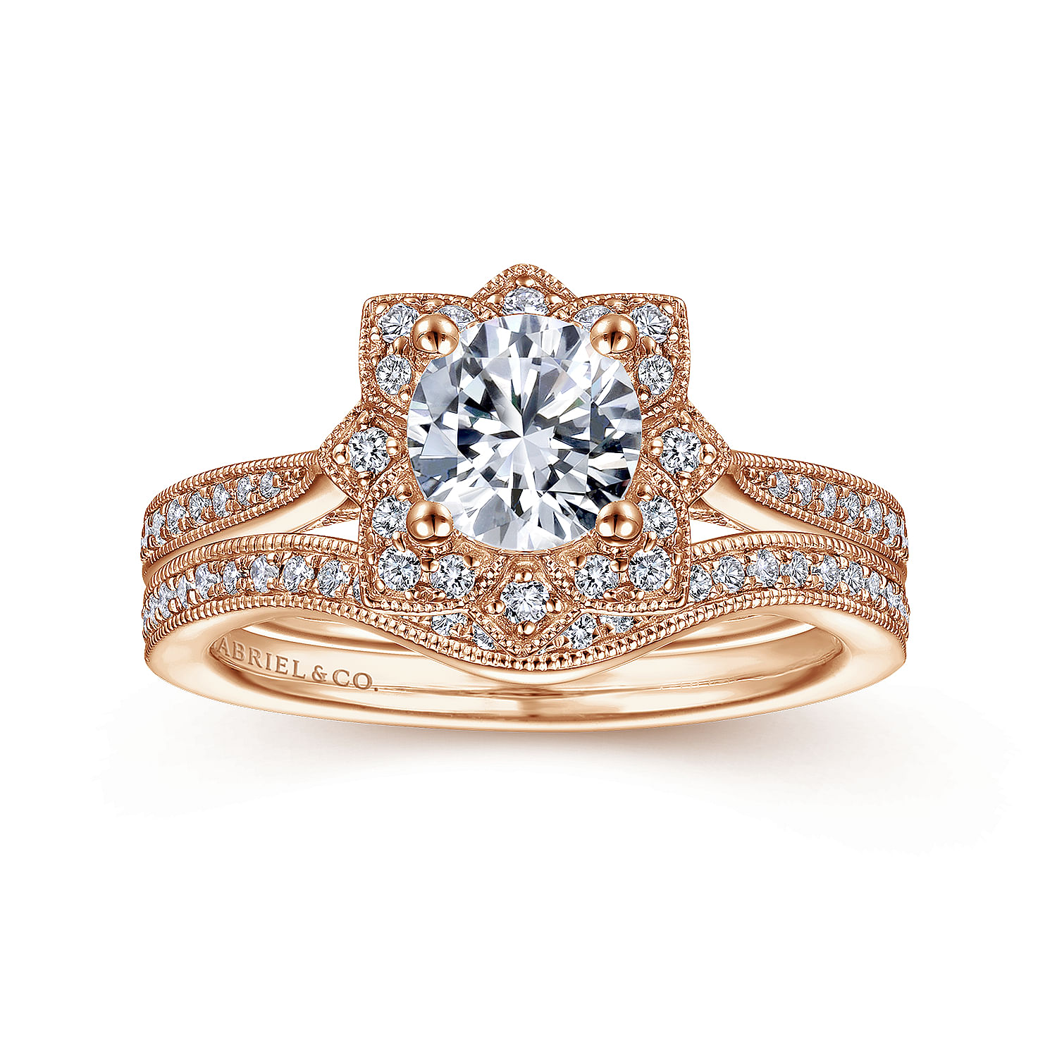 Unique 14K Rose Gold Vintage Inspired Halo Diamond Engagement Ring