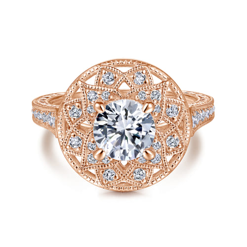Unique 14K Rose Gold Vintage Inspired Halo Diamond Engagement Ring Unique 14K Rose Gold Vintage Inspired Halo Diamond Engagement Ring