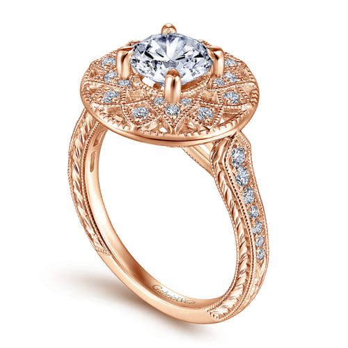 Unique 14K Rose Gold Vintage Inspired Halo Diamond Engagement Ring Unique 14K Rose Gold Vintage Inspired Halo Diamond Engagement Ring