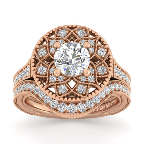 Unique 14K Rose Gold Vintage Inspired Halo Diamond Engagement Ring Unique 14K Rose Gold Vintage Inspired Halo Diamond Engagement Ring