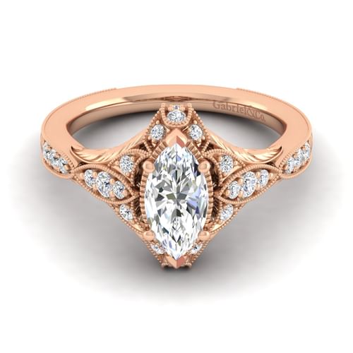 Unique 14K Rose Gold Vintage Inspired Marquise Shape Diamond Halo Engagement Ring
