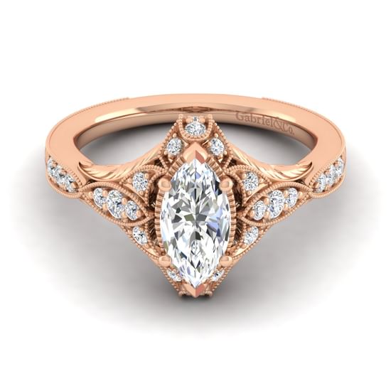 Gabriel - Unique 14K Rose Gold Vintage Inspired Marquise Shape Diamond Halo Engagement Ring