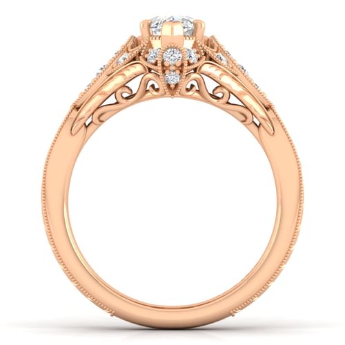 Unique 14K Rose Gold Vintage Inspired Marquise Shape Diamond Halo Engagement Ring