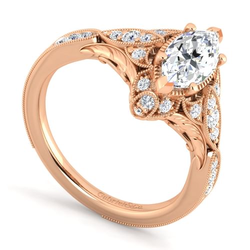 Unique 14K Rose Gold Vintage Inspired Marquise Shape Diamond Halo Engagement Ring