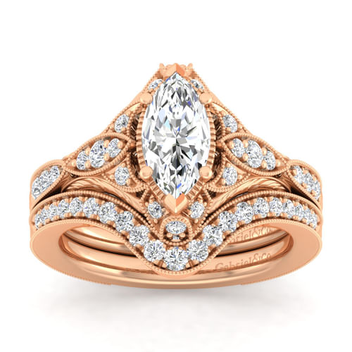 Unique 14K Rose Gold Vintage Inspired Marquise Shape Diamond Halo Engagement Ring