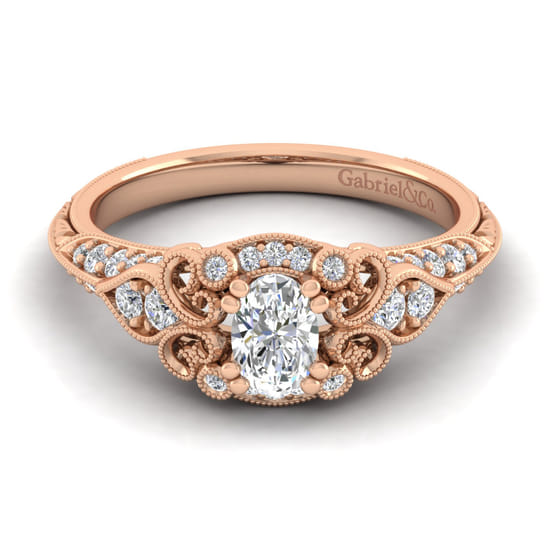 Gabriel - Unique 14K Rose Gold Vintage Inspired Oval Diamond Halo Engagement Ring