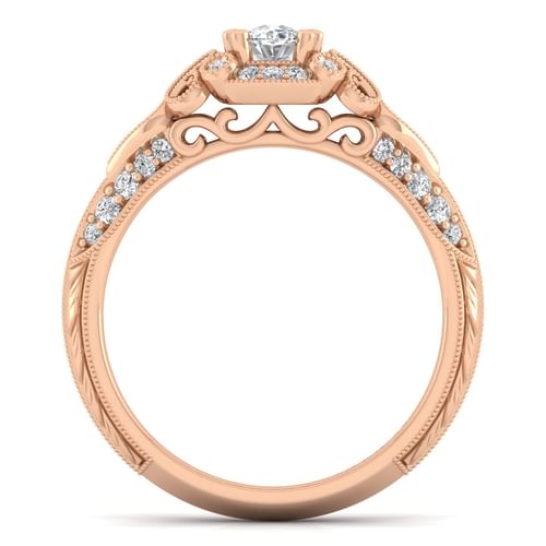 Unique 14K Rose Gold Vintage Inspired Oval Diamond Halo Engagement Ring